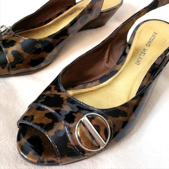 NEW Antonio Melani High Gloss Leopard Shoes Slingback Heels Summer Animal Print - Picture 1 of 13